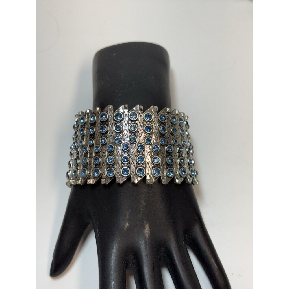 Lucky Brand Zig Zag Gun Metal & Blue Crystal Rhinestone Stretch Bracelet
